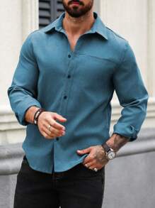 Manfinity Homme Heren Casual Effen Kleur Lange Mouw Corduroy Overhemd, Herfst