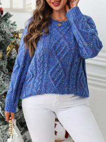 SHEIN LUNE Women's Blue Dotted Knit Oversized Crew Neck Sweater, Casual Thick Pullover Suitable For Halloween, New Year, Valentine's Day, Thanksgiving, Christmas, Easter, National Day, Gala, New Year's Eve