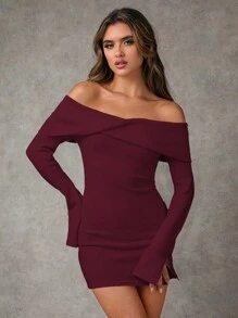 SHEIN BAE 1 chiếc váy len bó sát hở vai màu trơn thanh lịch cho nữ, mùa thu/đông - Màu Đỏ Sâu - Xem 3