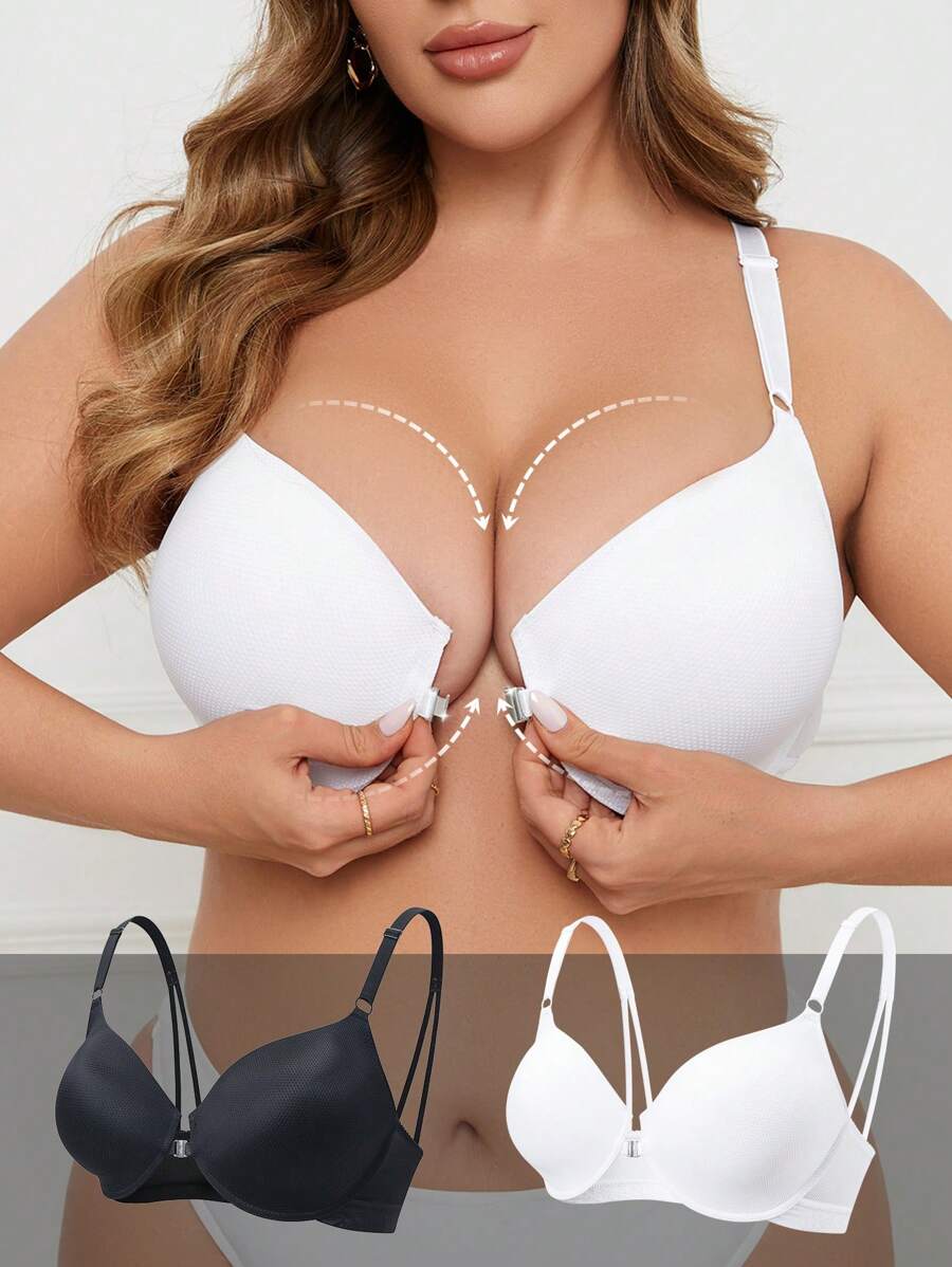 Wedaily 2pcs Plus Size Full Coverage Front Closure Breathable Mesh Padded Underwire Bra To Prevent Sagging For Large Bust - Multicolor - View 1