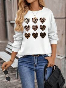 SHEIN LUNE Áo nỉ dài tay cổ tròn in hình trái tim dành cho nữ, kiểu dáng thường ngày, thích hợp mặc mùa thu. - trắng - Xem 3