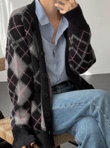 DAZY 1pc Women's Casual Plaid Loose Cardigan, Long Sleeve, Autumn/Winter