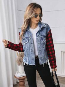 SHEIN LUNE 女式格纹撞色落肩连帽牛仔夹克，秋季 - 淺色水洗藍 - 查看 3