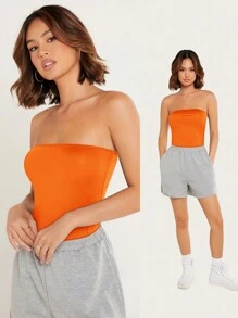 SHEIN BASICS Áo ống bó màu trơn đa năng giản dị - trái cam - Xem 1