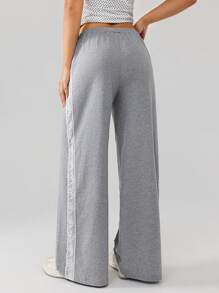 SHEIN SXY Fall Women Clothes;Women Elastic Waist Side Contrast Lace Wide Leg Loose Casual Pants Comfortable, Casual, Versatile And Fashionable, Gray Pants