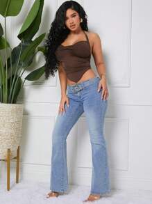 SHEIN SXY Women's Fashion Flare Leg Jeans With Eyelet Buckle Design - Light Wash - View 7
