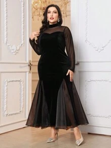Modelyn Plus Size Women's Solid Color Stand Collar Mesh Long Sleeve Fishtail Hem Elegant Dress Maxi Women Outfit Long Evening Dresses
