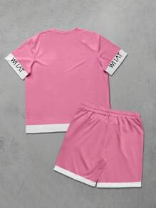 Manfinity Homme 2pcs/Set Plus Size Men Letter Print Color Block Short Sleeve T-Shirt And Drawstring Waist Shorts, Summer - Pink - View 2