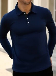 Manfinity Homme Plus Size Men's Solid Color Simple Casual Business Long Sleeve Polo Shirt - Blue - View 1