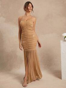 L'Amorae Crossed Back Mesh Center Slit Dress