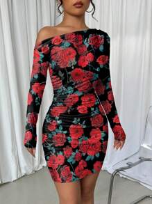 Elenzga Kleid mit Rüschen und asymmetrischem Ausschnitt, Rosenprint, Langarm, für Neujahrskleider