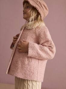 Maija Kids Maija Kids 年轻女孩粉色蓬松领羊毛混纺休闲夹克，带斜口袋和前纽扣开合，适合日常穿着，秋冬季 - 粉色 - 查看 3