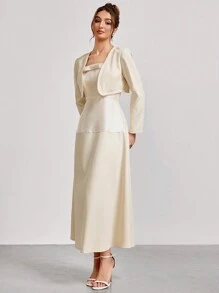 SHEIN Belle 纯色细肩带连衣裙搭配短袖方领夹克，优雅舞会礼服（重饰），舞会半正式礼服，适合生日、婚礼嘉宾、毕业返校节 - 杏色 - 查看 6