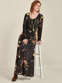 EMERY ROSE Plus Size Women's Digital Print Round Neck Long Sleeve Knitted Dress, Autumn/Winter Maxi Women Outfit