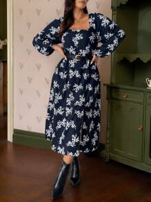 SHEIN Clasi Vestido casual de manga larga con cuello redondo y estampado total para tallas grandes