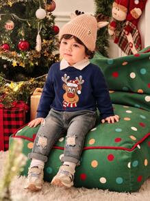 SHEIN Baby Boy Cartoon Print Casual Long Sleeve Sweater, Autumn/Winter, For Christmas - Royal Blue - View 5