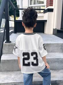 SHEIN Leap Crew Camiseta holgada y casual con estampado de números y letras en patchwork tejido para niñas jóvenes - Blanco - Ver 2
