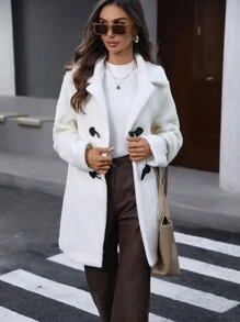 SHEIN LUNE 连帽贴袋撞色纽扣蓬松休闲、通勤优雅中长款女士大衣，秋冬季保暖外套 - 杏色 - 查看 5