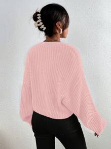 SHEIN LUNE 女士纯色圆领长袖简约休闲套头毛衣针织衫秋冬款 - 淺粉色 - 查看 2