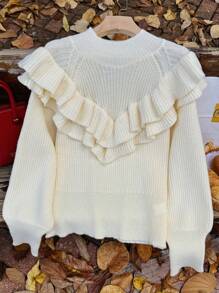 SHEIN Privé Suéter holgado de punto con cuello en V con volantes, color albaricoque, talla grande para mujer, elegante estilo francés, grueso y cálido, nueva colección de otoño/invierno