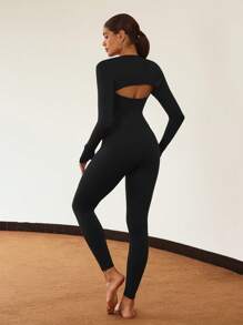 SHEIN Sports Conjunto de activewear con mono ajustado de unicolor minimalista elástico y top de manga larga con orificio para el pulgar para mujeres - Negro - Ver 6