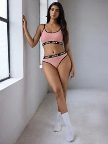 瑜伽女士邊緣印花簡約日常內衣套裝運動三角褲 - 藕粉色 - 查看 6
