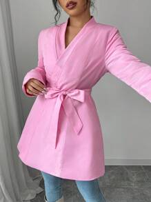 SHEIN Unity Abrigo acolchado de algodón de largo medio, diseño de cintura ceñida para estilizar el aspecto, prenda de vestir de invierno - Rosa - Ver 4