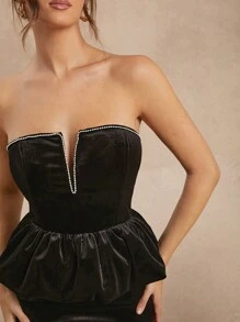 SHEIN Unity Faux Pearl Trimmed Ruffle Hem Mermaid Velvet Midi Dress - Black - View 4