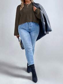 SHEIN LUNE Plus Size Women Plain Round Neck Drop Shoulder Long Sleeve Casual Sweater, Autumn/Winter Knit Pullover Fall - Coffee Brown - View 4