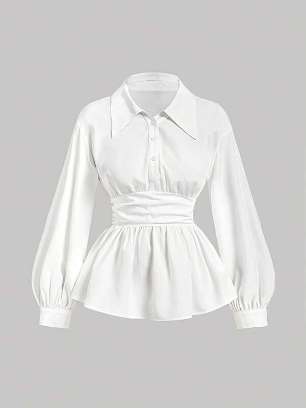 SHEIN MOD Women's Turn-Down Collar Long Sleeve Ruched Ruffle Hem White Blouse,White Women Blouses,Button Up Women Shirt,Long Sleeve Women Shirts,White Button Up Shirt, Festival Shirt,Professional Clothes,Business Casual Women