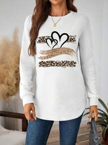 SHEIN LUNE Áo nỉ trùm đầu cổ tròn dài họa tiết trái tim và da báo thường ngày cho nữ, phù hợp cho mùa thu và đông - trắng - Xem 3