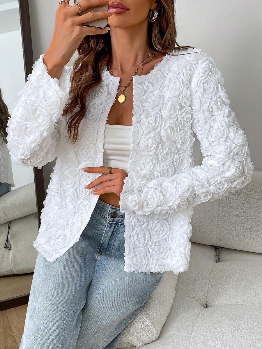 SHEIN LUNE 1pc Women's Classic Round Neck Floral Applique Jacket Fall Cloth For Women - White - View 1