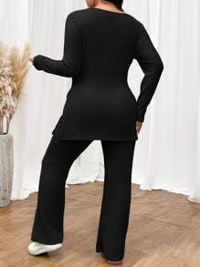 SHEIN Frenchy Plus Size Textured Stripe Open Neckline Long Sleeve T-Shirt And Straight Leg Pants Two Pieces Outfits
