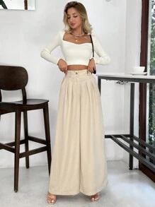 SHEIN PETITE Damen Lange Hose aus Leinen mit tiefen Falten in Beige - Beige - Übersicht 5