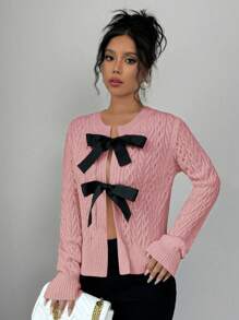 SHEIN Unity 女士休闲长袖蝴蝶结装饰开衫，秋冬 - 藕粉色 - 查看 4