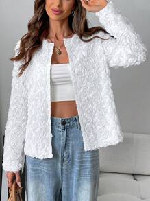 SHEIN LUNE 1pc Women's Classic Round Neck Floral Applique Jacket Fall Cloth For Women - White - View 5