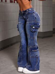 SHEIN ICON Women's Casual Acid Wash Multi-Pocket Wide Leg Denim Cargo Jeans, Autumn - Dark Wash - View 4