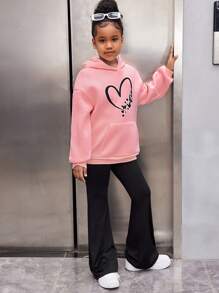 Tween Girls 心形和蝴蝶印花连帽口袋超大运动衫和喇叭裤两件套，粉色，秋冬 - 粉色 - 查看 3