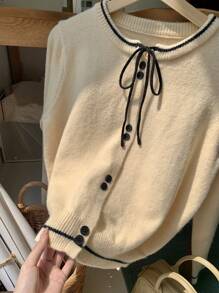 DAZY 女士休闲拼色蝴蝶结针织毛衣，秋冬，长袖上衣 - 杏色 - 查看 3