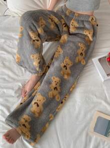 DAZY Pantalones de pijama rectos con estampado de oso de peluche