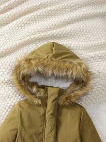 新款少女冬季休闲时尚连帽夹克适合 4-7 岁女孩，日常装扮，牛津布面料，双面保暖内衬，毛领，长袖，拉链，松紧袖口，绿色 - 軍綠色 - 查看 8