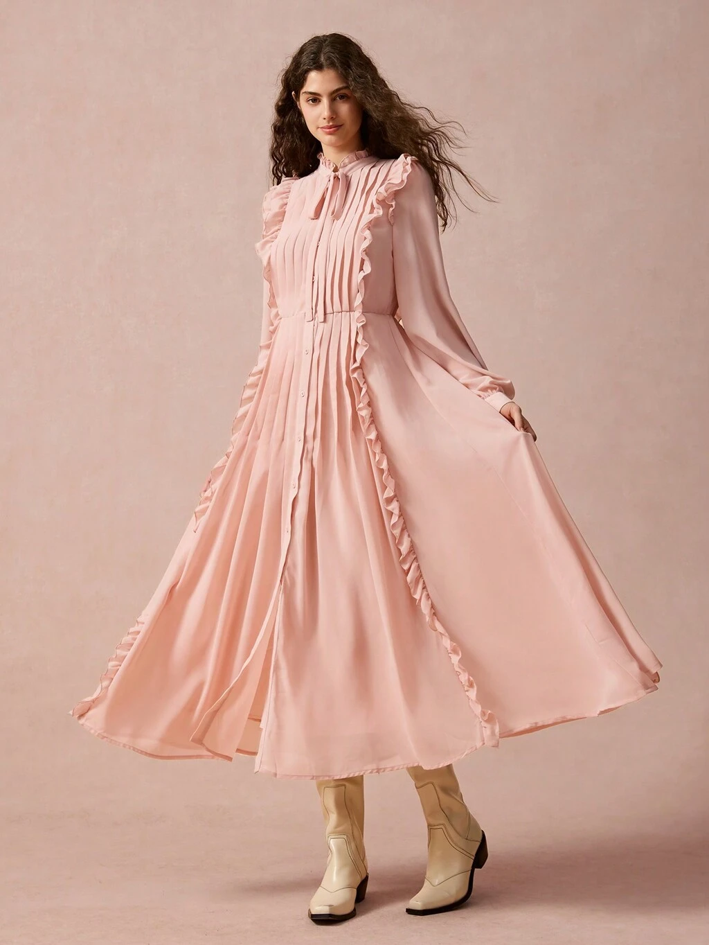 New Autumn Winter Products,Women Elegant Solid Color Lantern Sleeve Ruffle Creasing  Dress,Fall Winter  Women's Clothing,Winter Dress,Elegant Women Dresses,Long Sleeve Dress