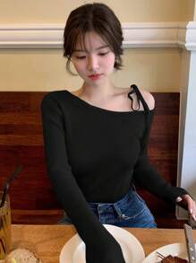 DAZY Áo len dài tay cổ bẻ cho nữ, màu trơn, thu/đông - màu đen - Xem 1