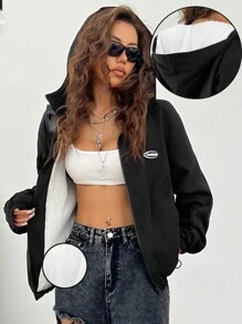 SHEIN EZwear Women's Winter Y2K Basic Streetwear Knit Keep Warm With Fleece Zip Up Padded Patched With Pockets Fluffy Inside Comfy Black Loose Hooded Long Sleeve Hoodies For Halloween Outfits Letter Patched Detail Drop Shoulder Teddy Lined Zipper Front