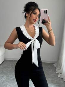 Chiquease Blusa corta de encaje tejido con lazo sin mangas, estilo dulce y picante para mujer