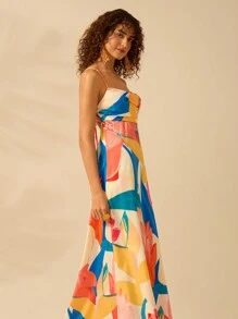 CAJUNI Boho Colorful Tropical Plant Print Sleeveless Sling, Hollow-Out Back Tie Long Dress, Casual Beach Holiday Summer Dress For Women
