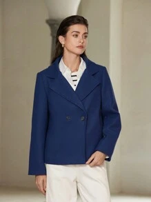 SHEIN Privé Minimalist Commuting Versatile Short Loose Blazer Style Long Sleeve Jacket With Elegant Look Fall Cloth For Women - Navy Blue - View 4