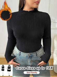 SHEIN CURVE+ Plus Size Women Black High Neck Long Sleeve T-Shirt, Autumn Base Layer Top