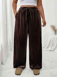 SHEIN Frenchy Plus Size Solid Color Front Tie Pocket Simple Casual Pants, For Daily Wear