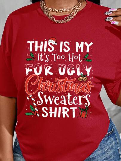 SHEIN LUNE Christmas Bell Graphic Letter Slogan Round Neck Short Sleeve Fashionable Plus Size T-Shirt, Christmas Vibe For New Year Clothes Graphic Tees Women Tops